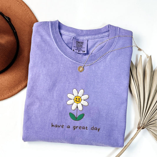 Have a Great Day Smiley Face Embroidered T-Shirt