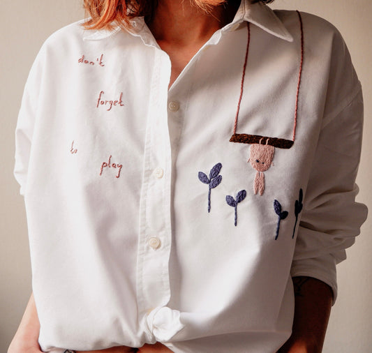 Hand Embroidered White Buttoned Cotton Shirt - 'Don't Forget To Play'