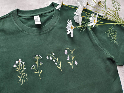Lovely Wildflowers Embroidered Tshirt - Dark Green